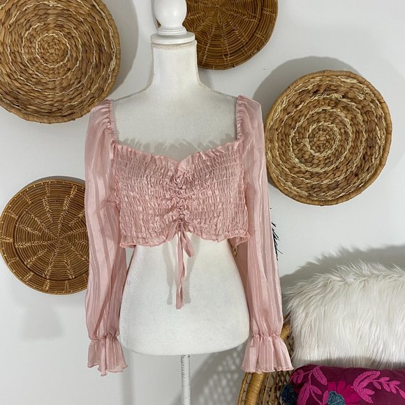 SHEIN Tops - SHEIN Curve Pink Smocked Square Neck Cropped Long Sleeve Crop Top Plus Size 0X